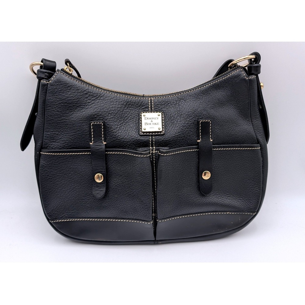 Dooney & Bourke Black Pebbled Leather Hobo Bag Contrast Stitching Gold Hardware